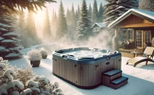 A backyard with a hot tub designed for cold climates, surrounded by snow-covered trees. Steam rises from the warm water, with thermal covers and extra insulation visible. The scene is serene with a clear sky and soft sunlight.