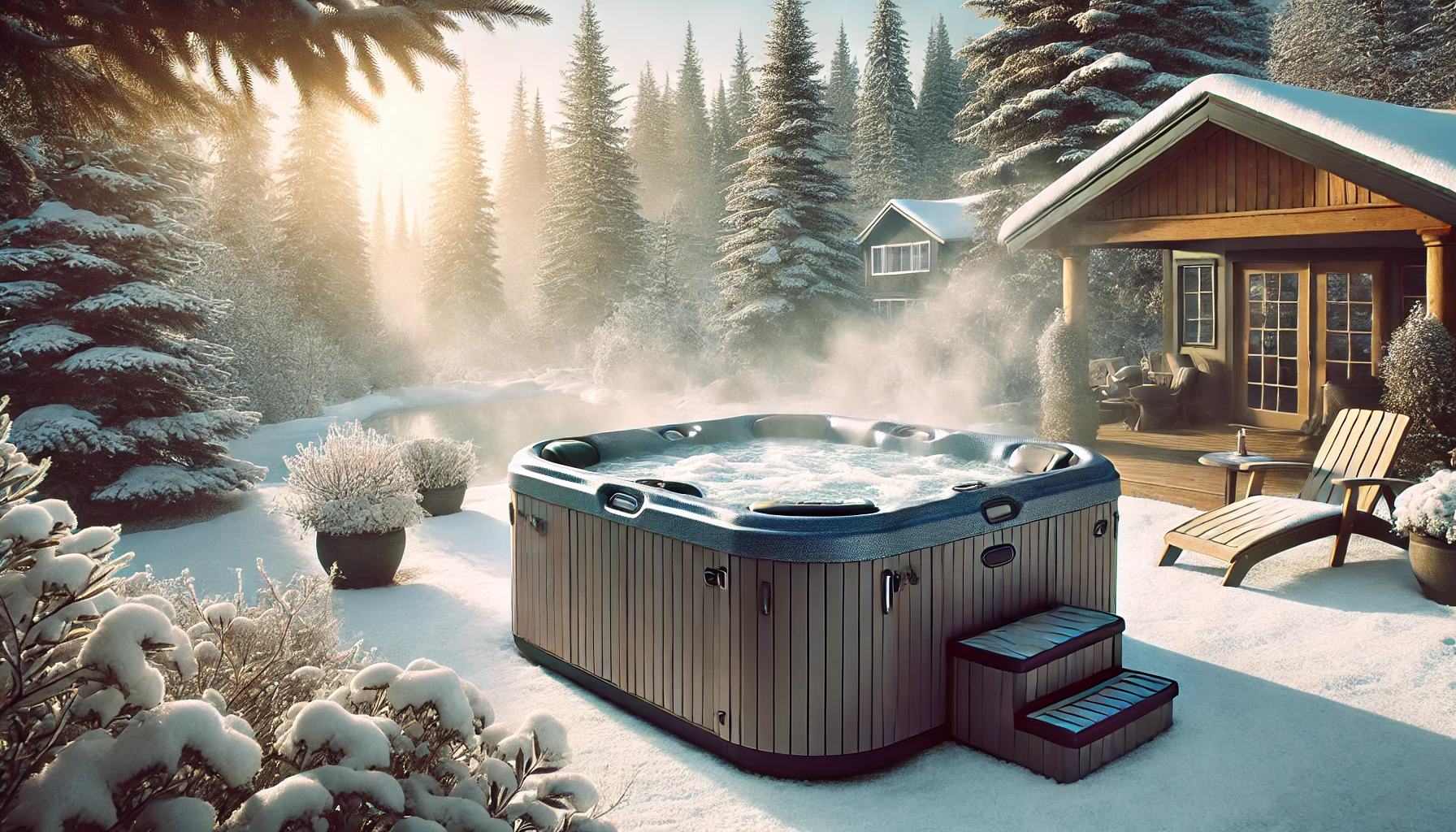 A backyard with a hot tub designed for cold climates, surrounded by snow-covered trees. Steam rises from the warm water, with thermal covers and extra insulation visible. The scene is serene with a clear sky and soft sunlight.