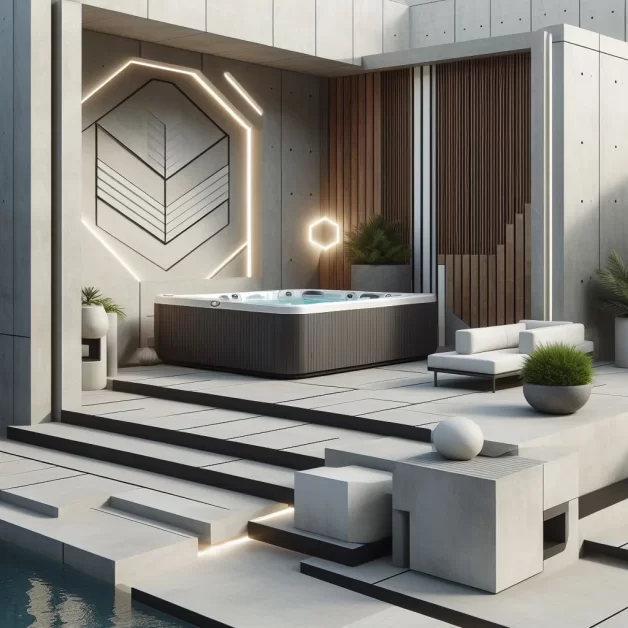 a modern, rectangular hot tub on a concrete patio with geometric accents, and minimal surrounding furniture.