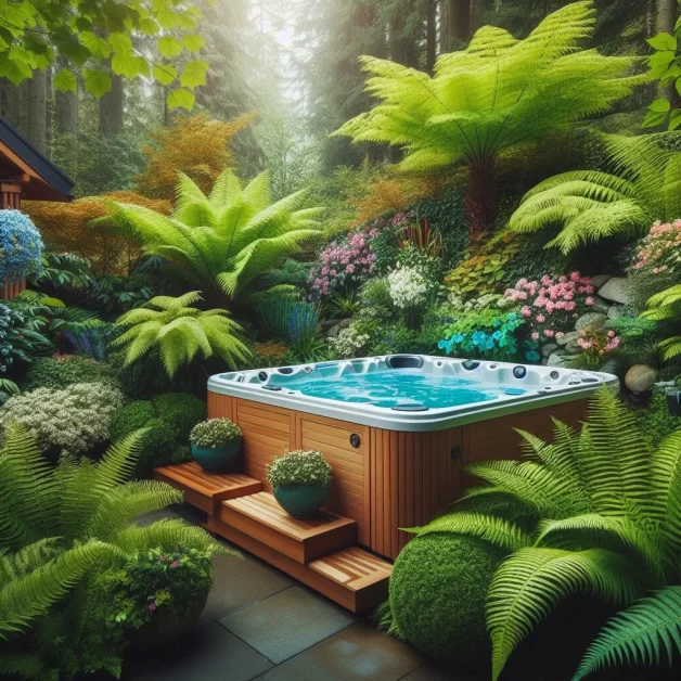 a hot tub surrounded by vibrant greenery – ferns, tall ornamental grasses, flowering bushes – creating a secluded, tropical-like feel.