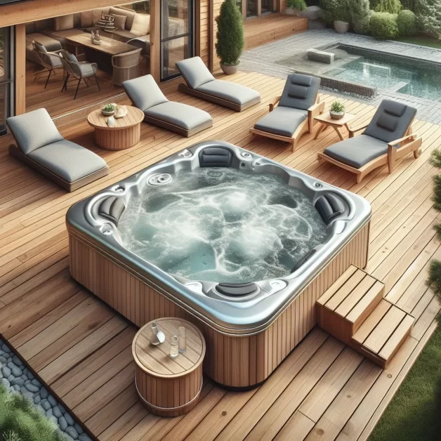 a hot tub nestled into a wooden deck, flush with the decking or slightly raised, surrounded by lounge chairs or a small table.