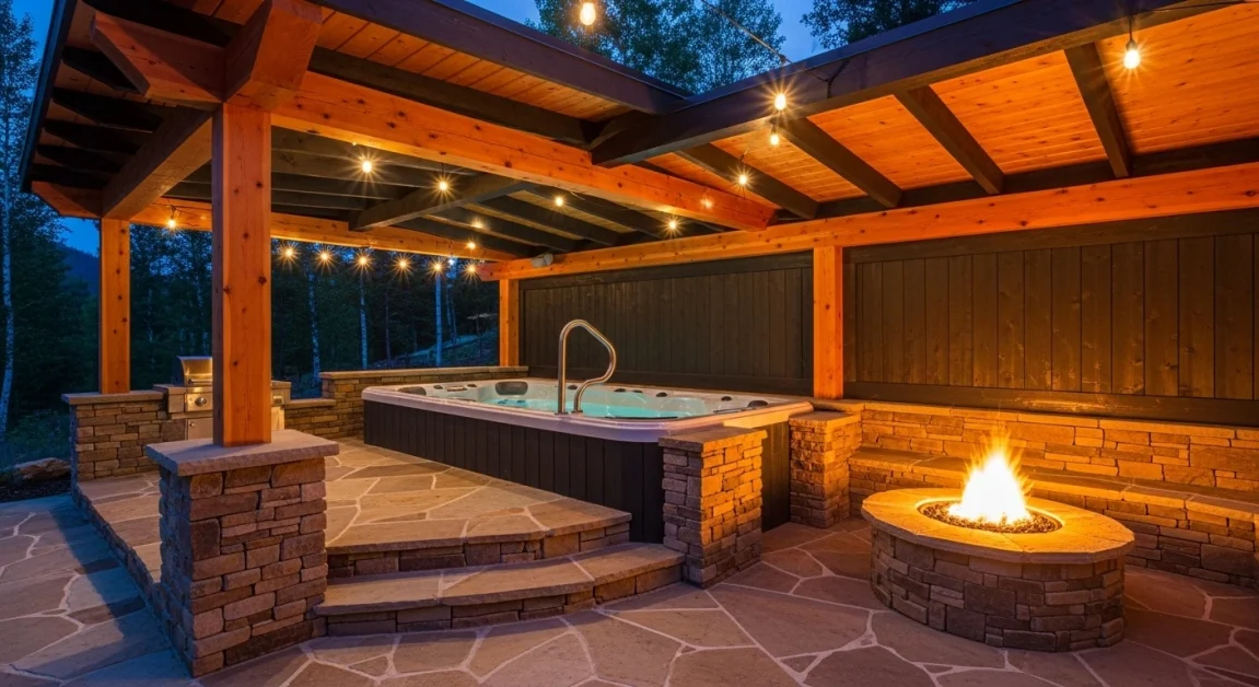 5 Stunning Swim Spa Landscaping Ideas 2 Rustic backyard hot tub with cedar pergola, flagstone patio, and stone fire pit for a cozy mountain retreat.