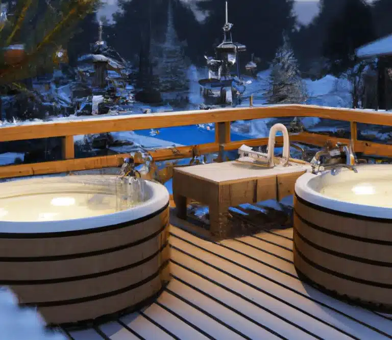 An outdoor wooden deck in a snowy landscape at dusk, featuring two barrel-shaped hot tubs with steaming water and metal faucets. A small wooden table is situated between them, all surrounded by a wooden railing. 