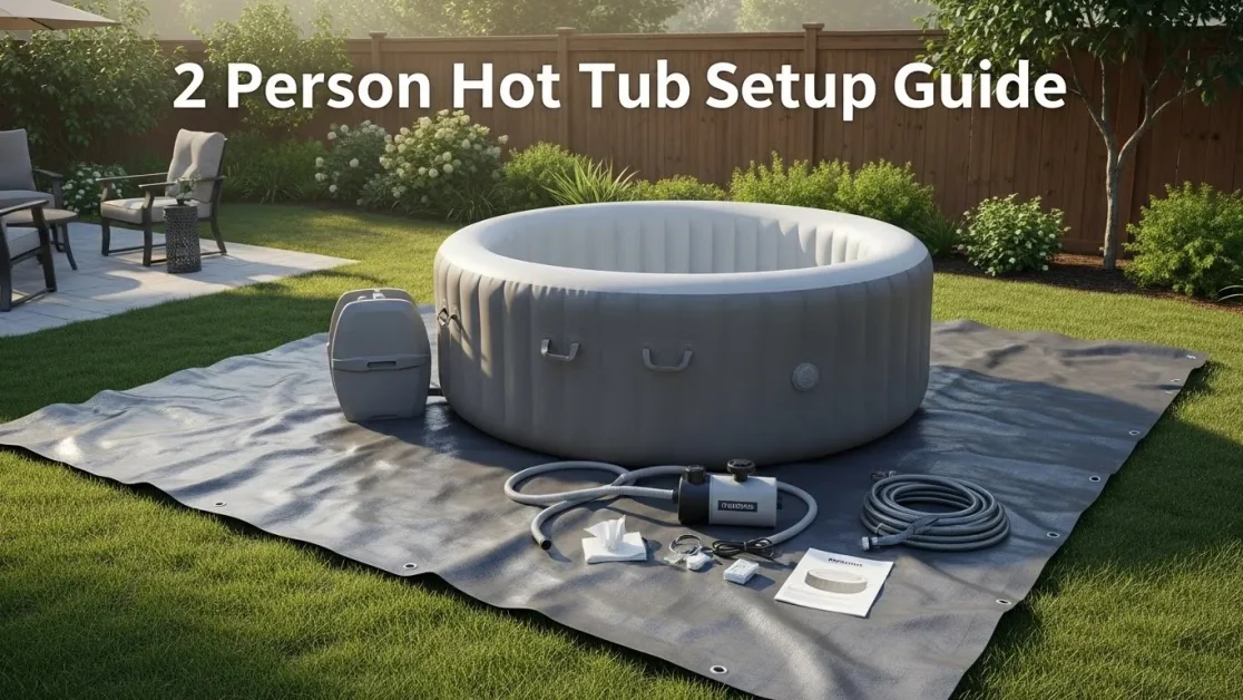 2-Person Portable Hot Tub, The Cozy Backyard Upgrade Couples Love 9 Inflatable 2 person hot tub being set up on a flat backyard space with tarp underneath.