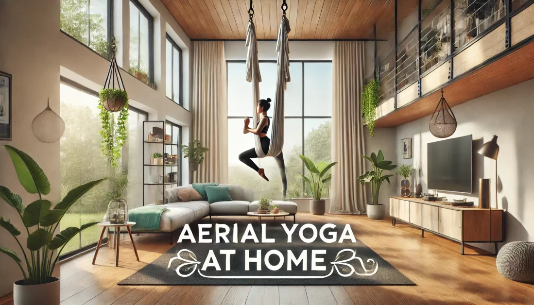 Woman practicing aerial yoga in a hammock in a serene, modern living room with large windows and green plants. Overlay text: 'Aerial Yoga at Home.