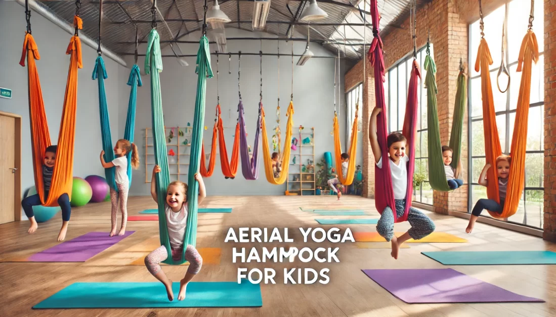 Kids using aerial yoga hammocks in a bright, safe indoor environment with overlay text 'Aerial Yoga Hammock for Kids.