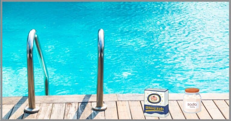 A swimming pool with a steel handrail and baking soda placed on a wooden table