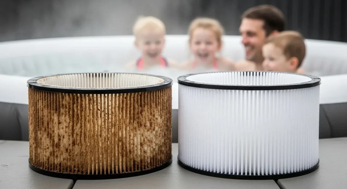 Dirty Coleman Saluspa filter next to a clean replacement filter showing what causes the E02 error.