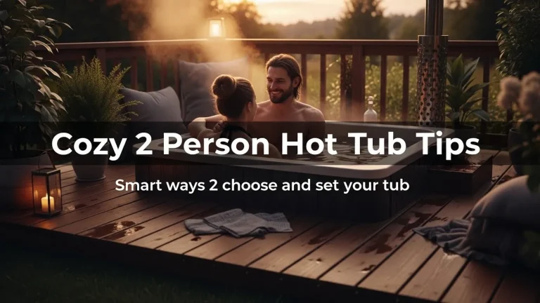 Couple soaking in a small portable hot tub on a patio with bold title text about hot tub tips.