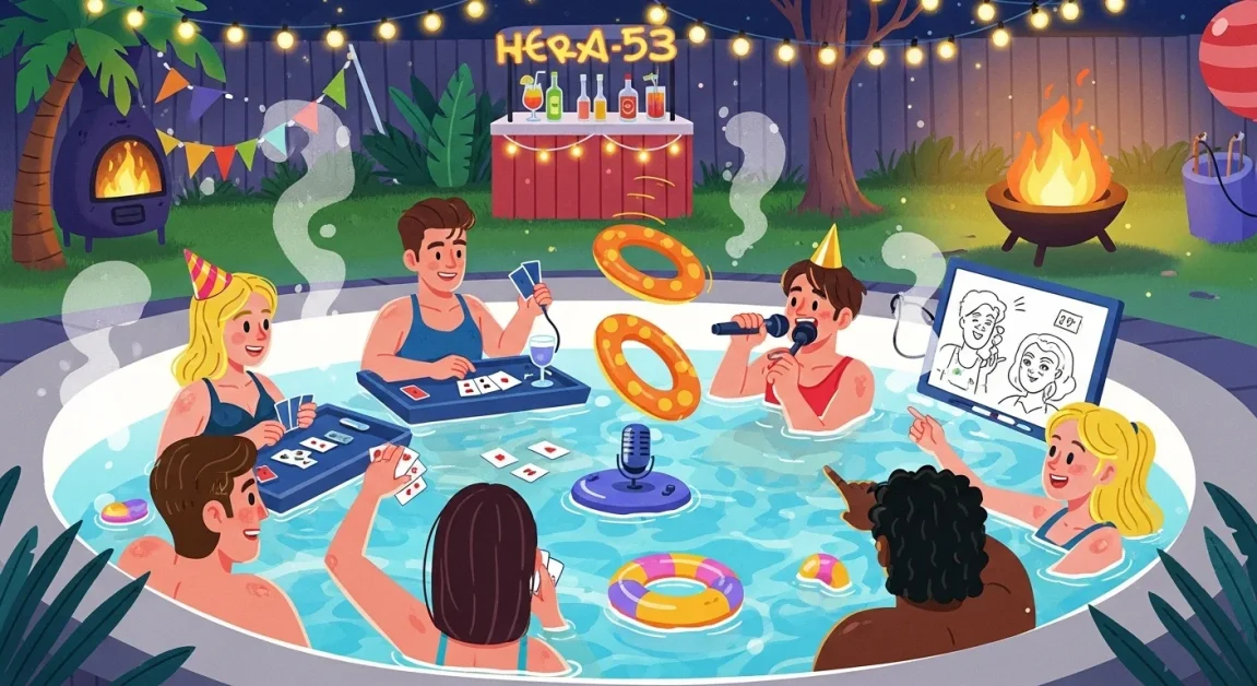 stylized illustration of a backyard hot tub party at night.