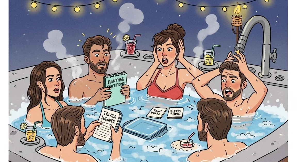 Cartoon-style scene of friends playing trivia in a hot tub with drinks and laughter.