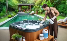 A man adding backing soda in a hot tub for cleaning.