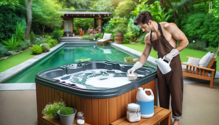 A man adding backing soda in a hot tub for cleaning.