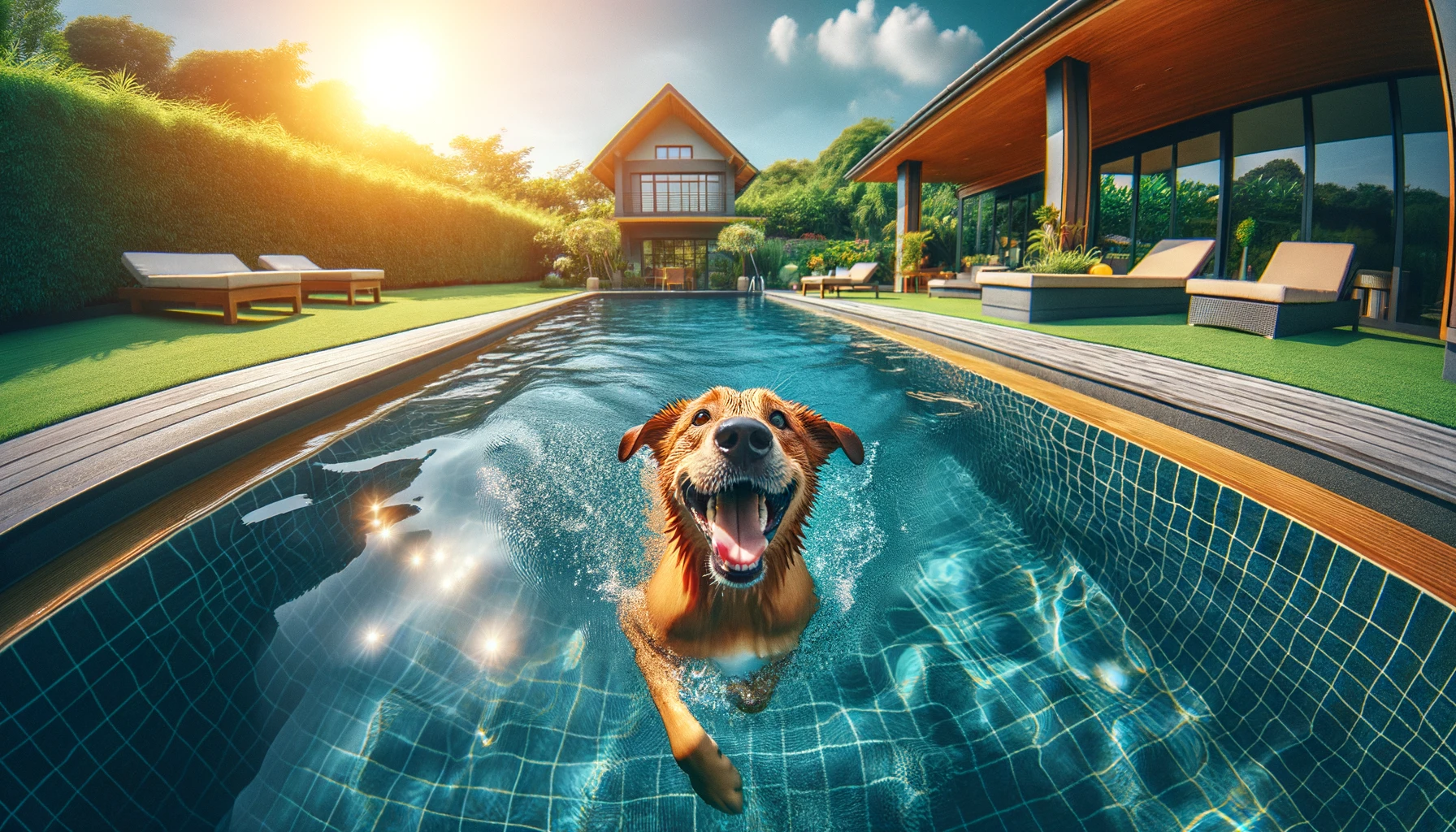 capturing a joyful dog swimming in a large pool under the sunny sky. This scene beautifully combines the thrill of a pet's water play with the serene ambiance of a luxury pool setting, surrounded by vibrant green landscapes.