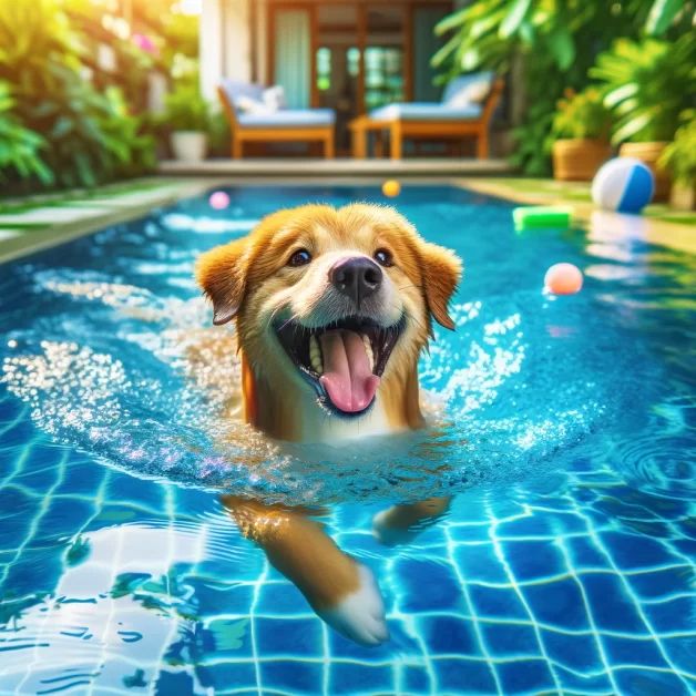 a joyful dog swimming in a pool, capturing the essence of a perfect sunny day. This vibrant scene showcases the dog's excitement and happiness as it enjoys the clear blue water, surrounded by lush greenery and colorful pool toys.