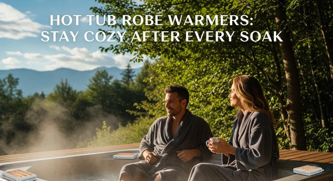 A banner with text and couple wearing robes near a hot tub.
