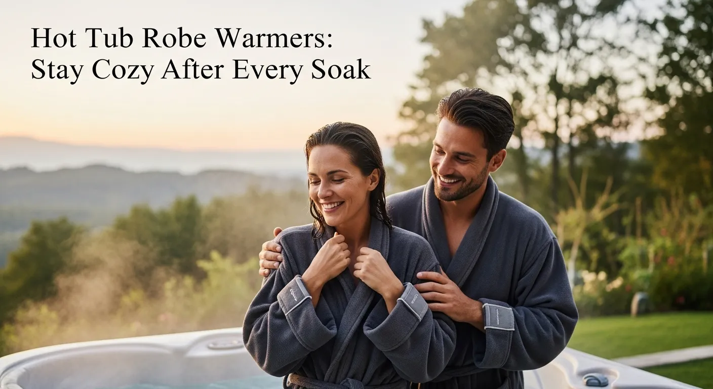 A text banner with couple near hot tub in a happy mood wearing robes.