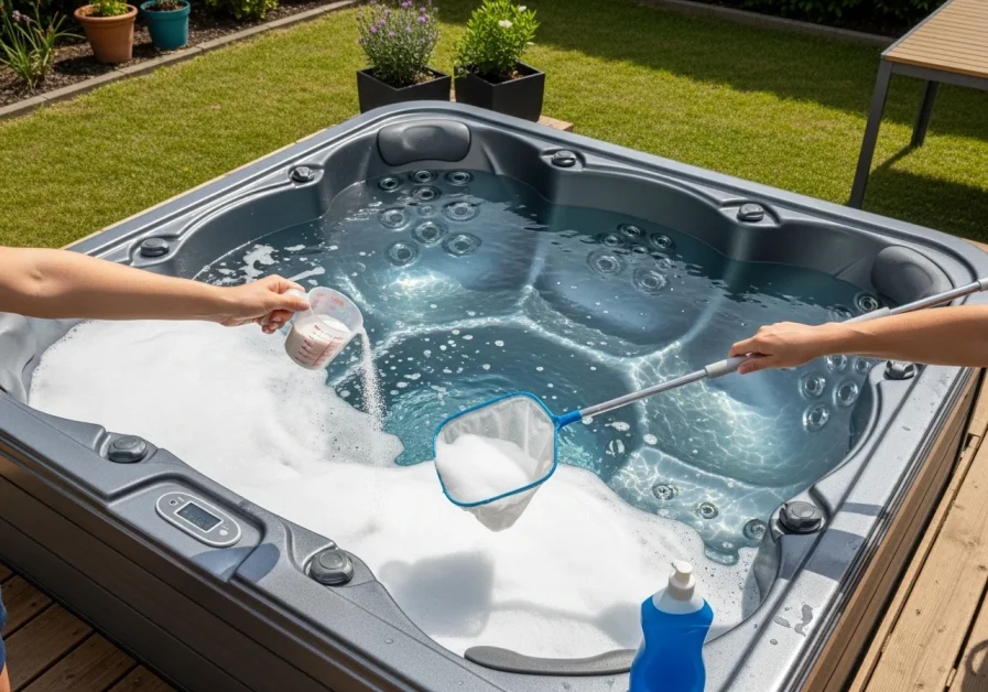 Home remedies for hot tub foam: baking soda, dish soap, and skimming net used in a backyard spa.