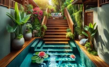 A tranquil outdoor scene featuring a small pool with clear blue water, edged by large potted plants and flanked by wooden stairs leading to an upper deck with cozy seating. The pool has pink water lilies floating on the surface, and the area is surrounded by lush greenery, creating a serene atmosphere.