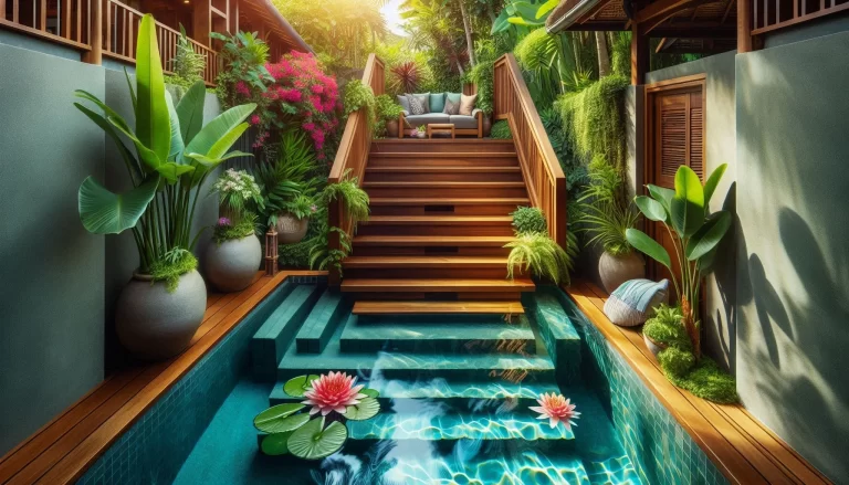 A tranquil outdoor scene featuring a small pool with clear blue water, edged by large potted plants and flanked by wooden stairs leading to an upper deck with cozy seating. The pool has pink water lilies floating on the surface, and the area is surrounded by lush greenery, creating a serene atmosphere.