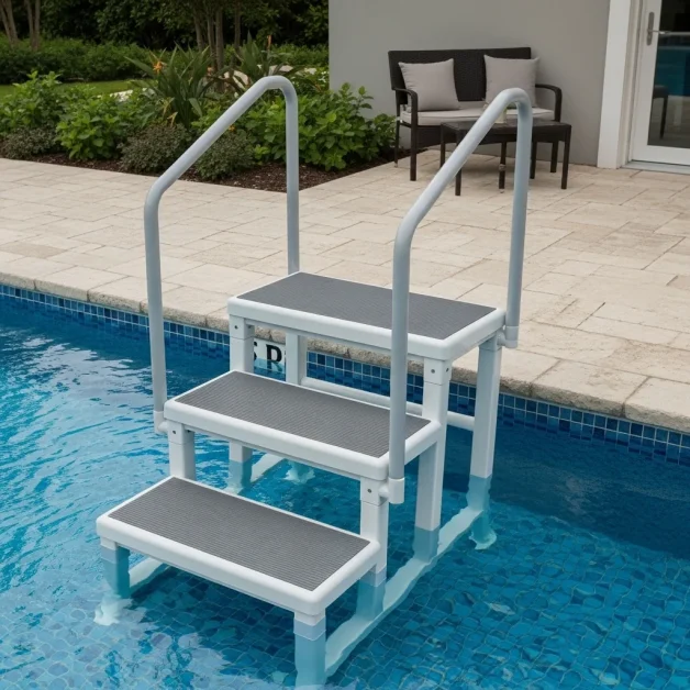 A Swim Spa Steps with Platform in a blue pools