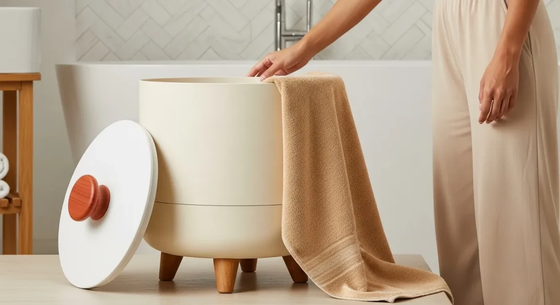 A woman use Towel Warmer Bucket near hot tub.