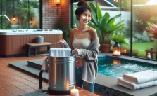 A serene outdoor scene with a young woman enjoying a warm towel from a towel warmer bucket in a beautifully furnished home garden, complete with a hot tub and lush greenery.