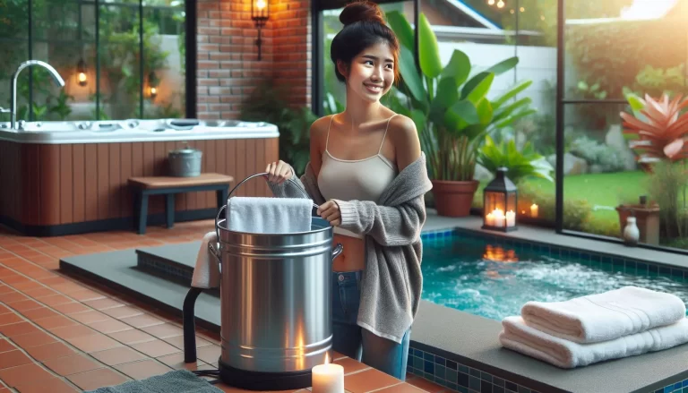 A serene outdoor scene with a young woman enjoying a warm towel from a towel warmer bucket in a beautifully furnished home garden, complete with a hot tub and lush greenery.