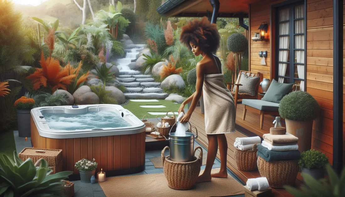  A woman standing next to a bubbling hot tub in an outdoor setting, surrounded by lush greenery, with steps leading to a waterfall in the background. The person is holding a watering can, and there are towels neatly stacked beside the hot tub. A cozy wooden cabin is also visible in the background.