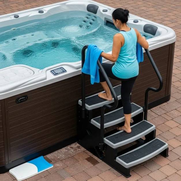 A woman going to the swim spa using 4 tire stair.