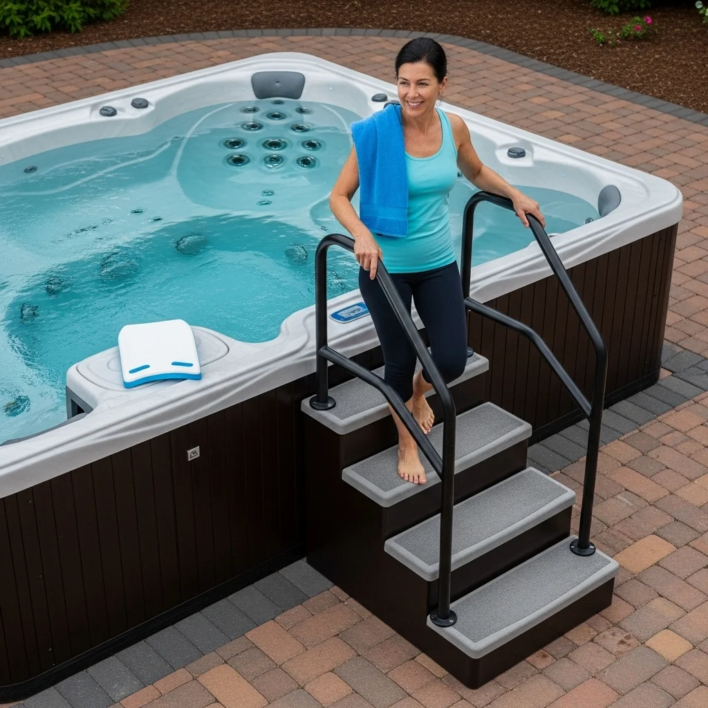 A woman get-out from swim spa using stairs