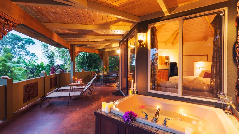 A luxurious bathroom with a large bathtub and a view of the forest. (Privacy for Your Hot Tub)