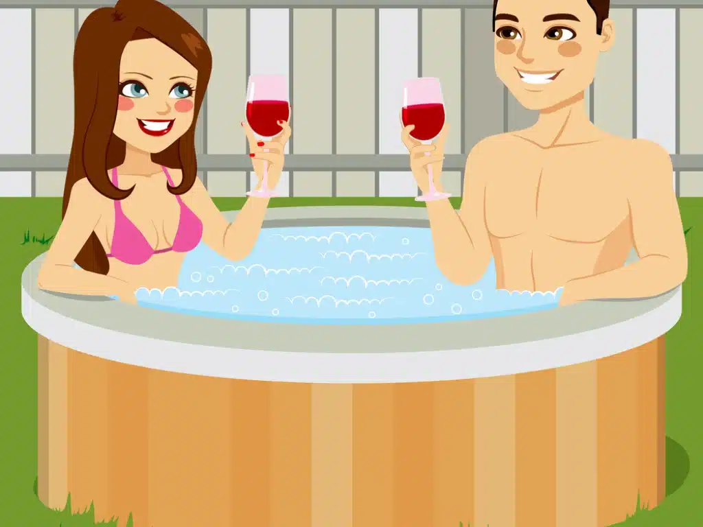 A couple luxuriating in a 2-Person Hot Tub 220 Volt,