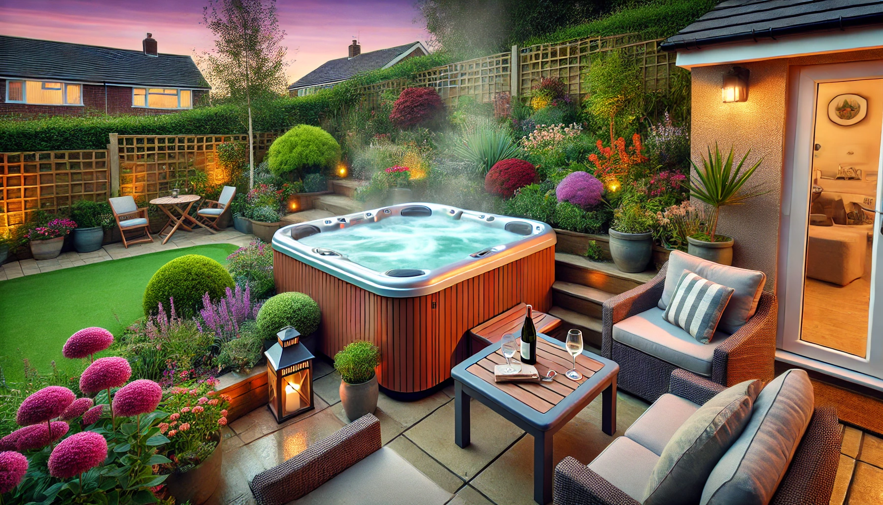 Cozy small hot tub for 2 people on a beautifully landscaped patio at twilight.