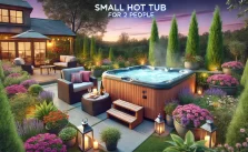 Cozy small hot tub for 2 people on a landscaped patio at twilight with text overlay 'Small Hot Tub for 2 People.