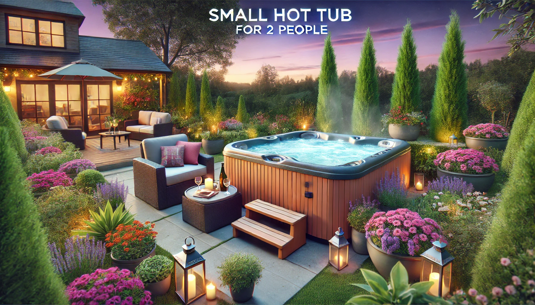 Cozy small hot tub for 2 people on a landscaped patio at twilight with text overlay 'Small Hot Tub for 2 People.