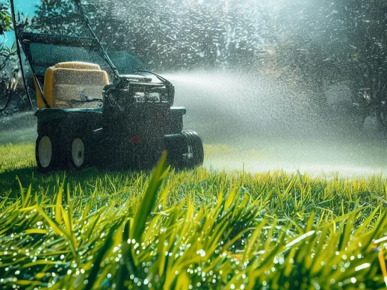 A black and yellow lawn mower on a wet green lawn with water droplets in the air.