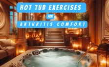 A serene and warmly lit indoor space with a hot tub, surrounded by candles and plush seating, with text overlay ‘Hot Tub Exercises for Arthritis Comfort’.