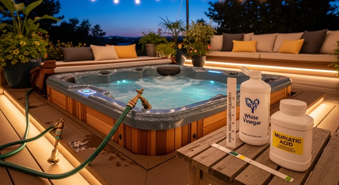 Low Alkalinity in Hot Tub? Fix Water Balance Fast 2 A hot tub with bubbling water on a wooden deck under evening lights, with a test strip, vinegar bottle, muriatic acid container, and a garden hose on a nearby table.