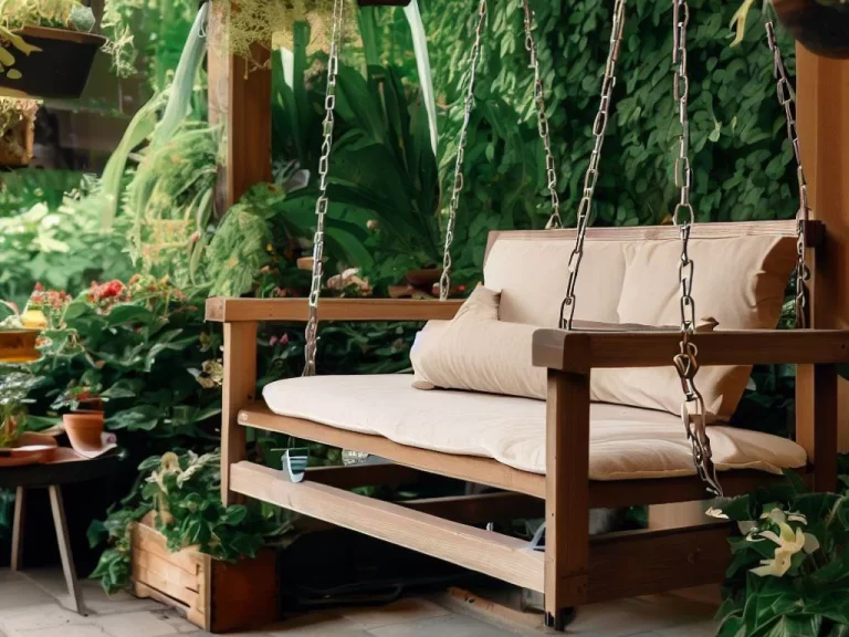 A photo of a wooden porch swing with beige cushions in a garden setting.