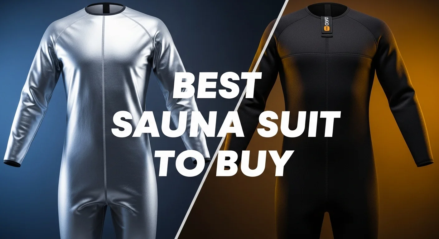 bold text 'Best Sauna Suit To Buy' showing silver and black sauna suits side by side.
