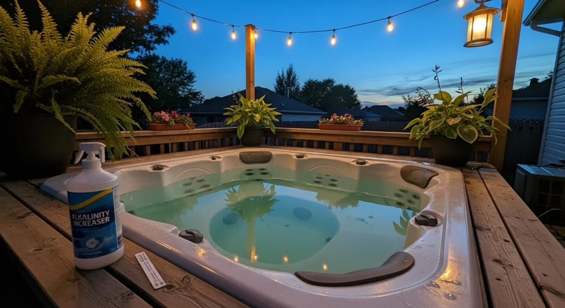 Low Alkalinity in Hot Tub? Fix Water Balance Fast 3 A backyard hot tub with cloudy, greenish water