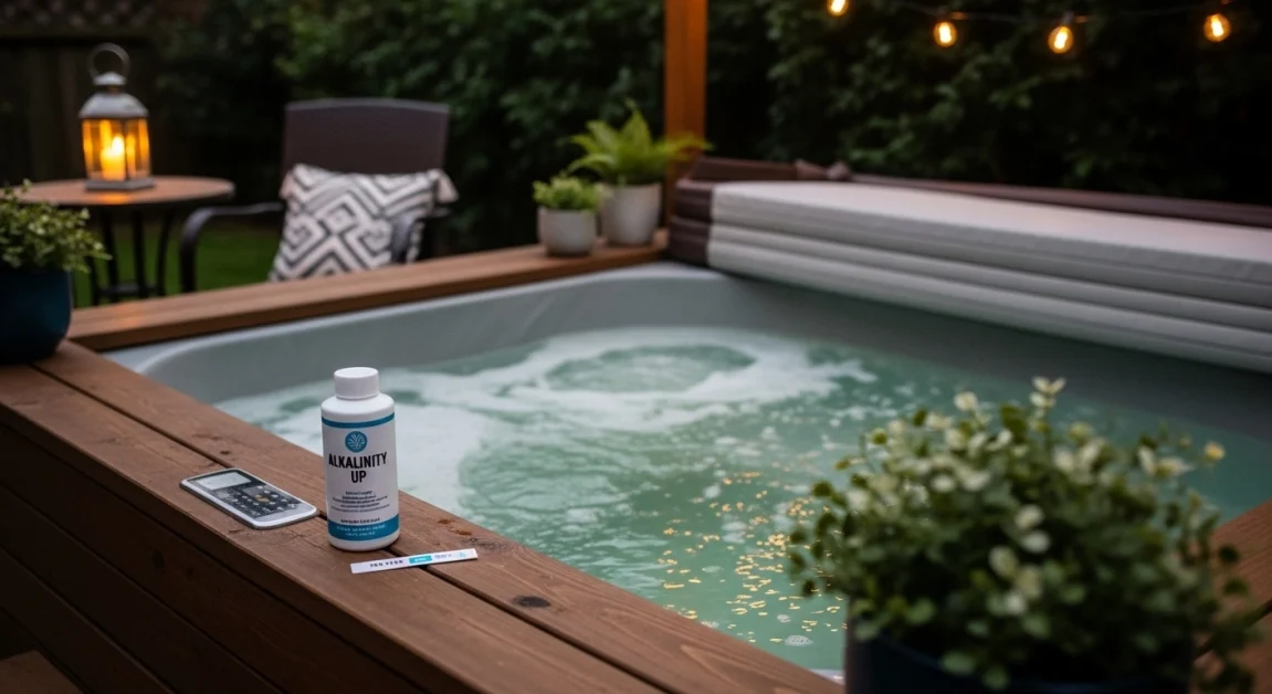 Low Alkalinity in Hot Tub? Fix Water Balance Fast 4 A hot tub with water chemistry kit.