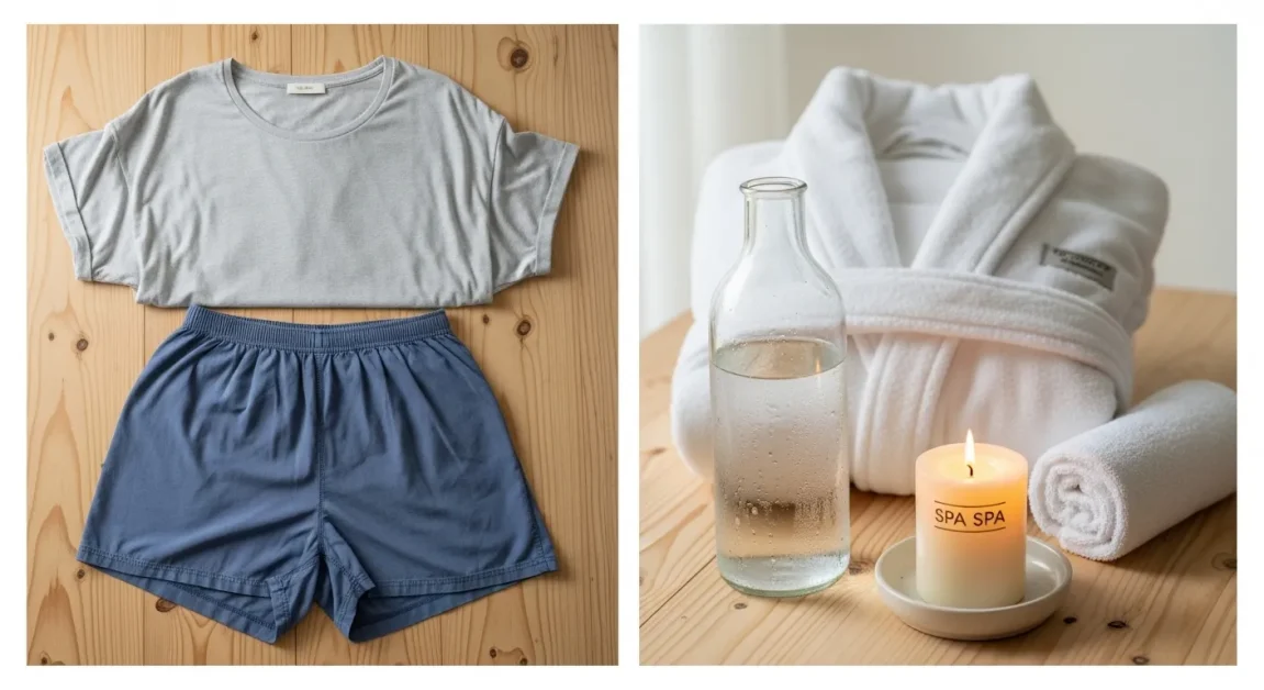 Side-by-side graphic showing loose clothing before a Lomi Lomi massage and relaxing items for after.