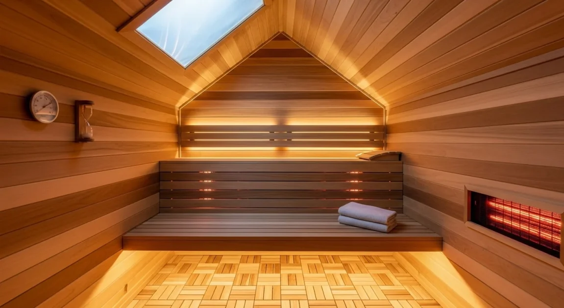Small infrared sauna in attic corner with cedar walls and soft lighting.