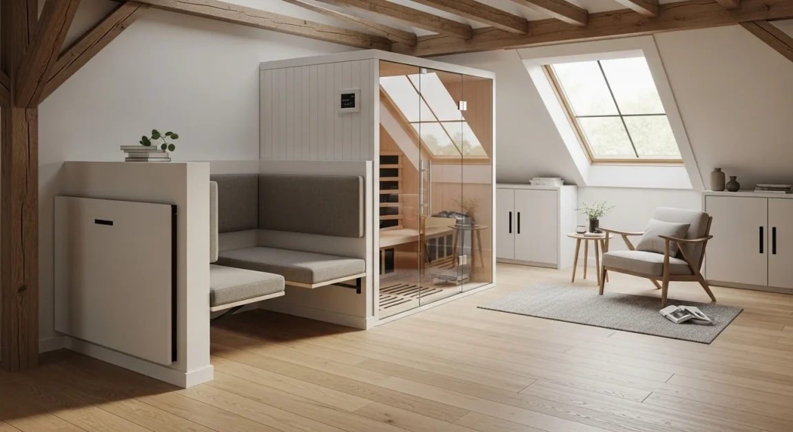 Convertible attic sauna with foldable benches and storage.