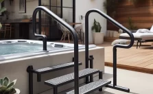 Minimalist DIY hot tub handrails in matte black metal, with clean lines, against a backdrop of contemporary outdoor space with concrete flooring and potted plants.