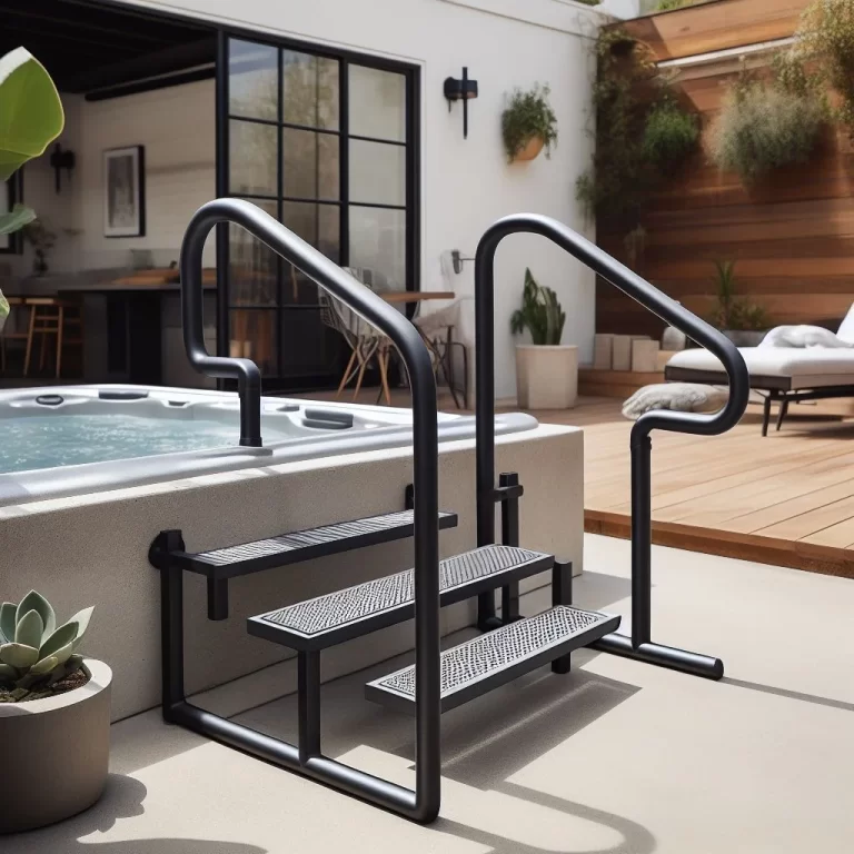 Minimalist DIY hot tub handrails in matte black metal, with clean lines, against a backdrop of contemporary outdoor space with concrete flooring and potted plants.