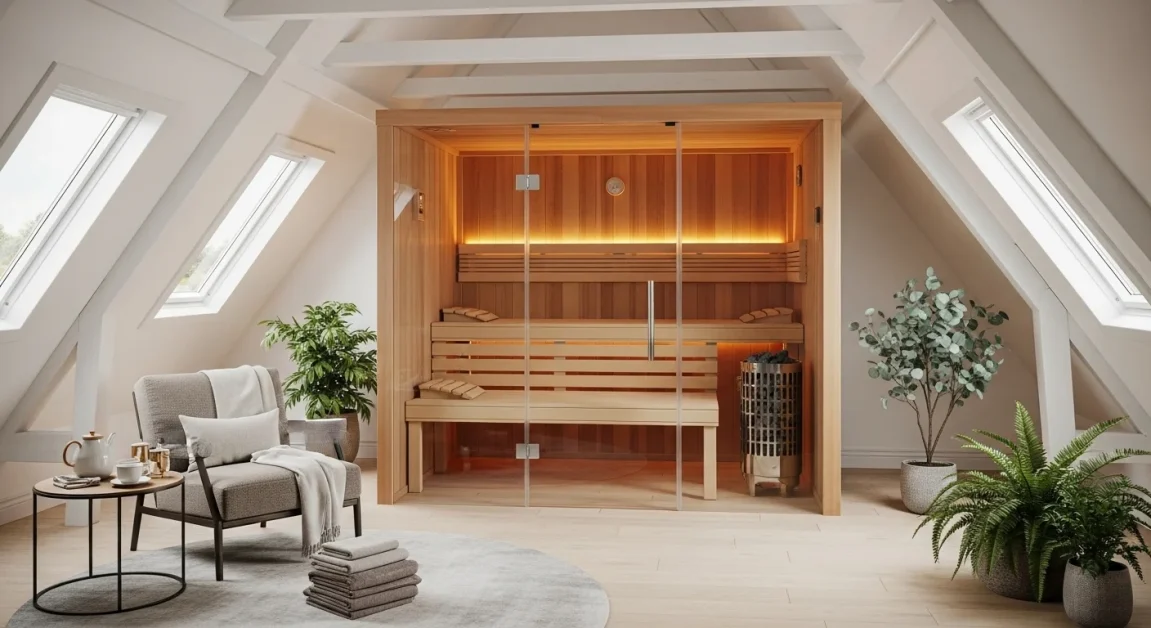 Full-size attic sauna with cedar benches and glass door.