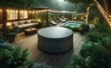 A cozy backyard featuring a hot tub with a sleek, new spa cover. The hot tub is on a wooden deck surrounded by lush greenery, fairy lights, and comfortable seating areas, creating a relaxing ambiance.